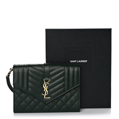 Saint Laurent Grain De Poudre Textured Mixed Matelasse Triquilt Monogram Clutch Vert Fonce 10 of 10