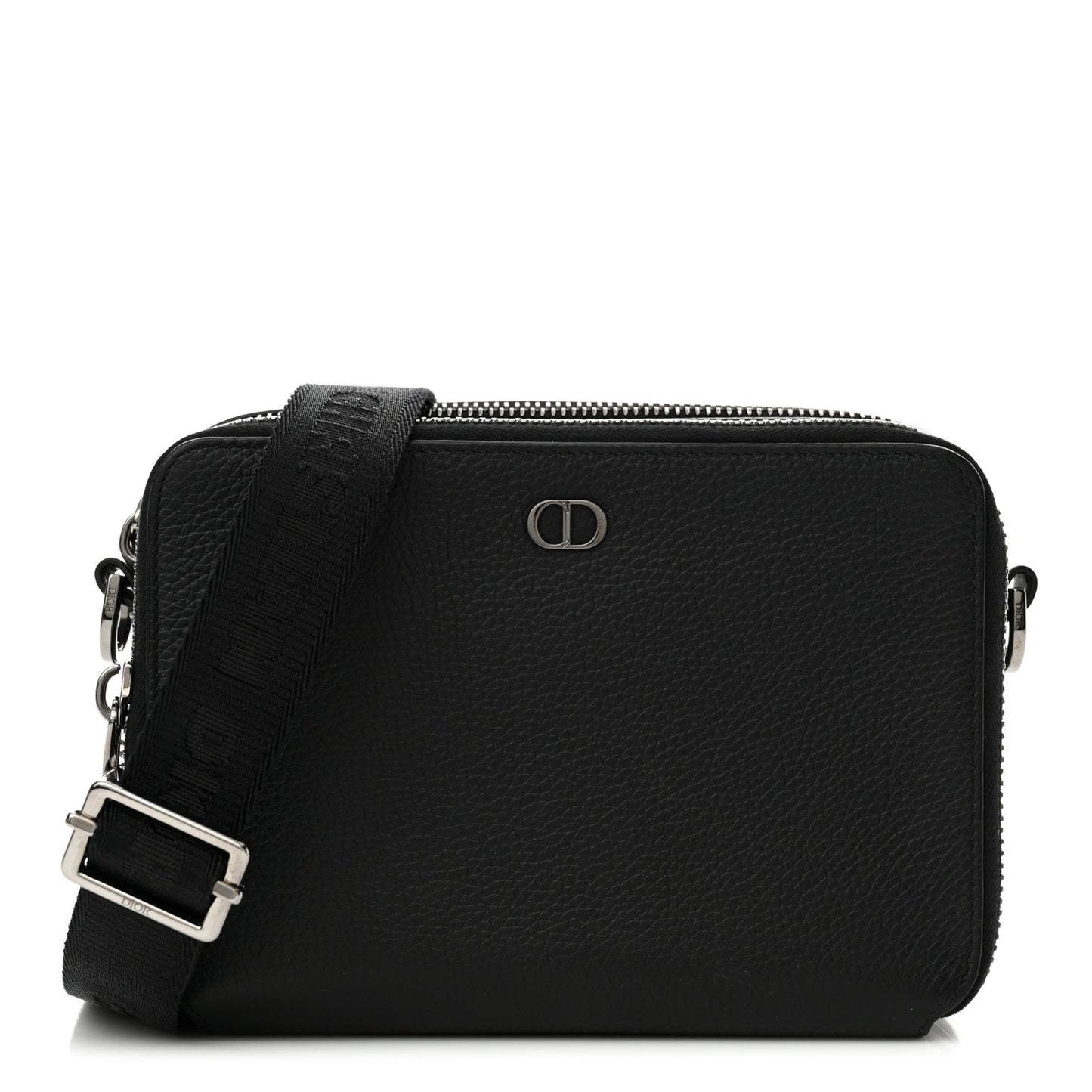 Grained Calfskin CD Icon Zipped Pouch With Strap Black