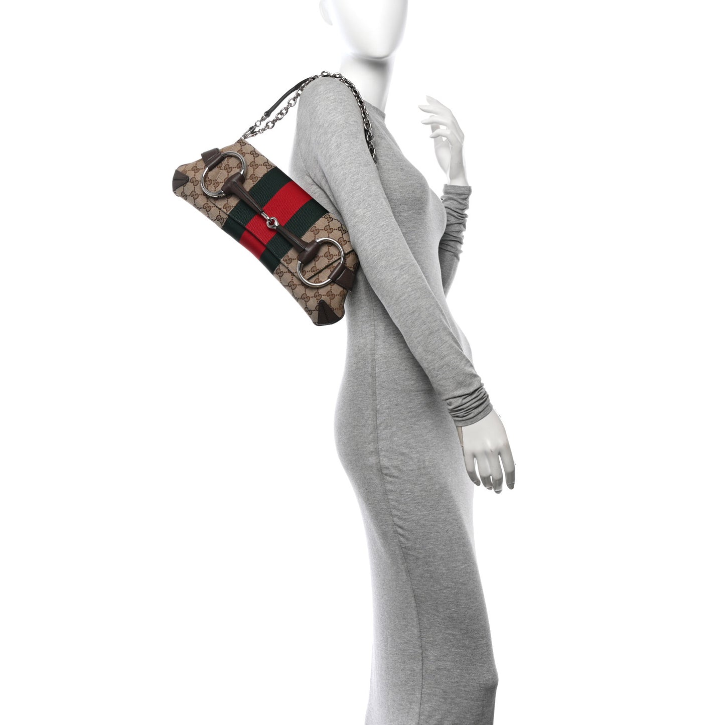 Monogram Textured Dollar Calfskin Heavy Grosgrain Web Medium Maxi Horsebit Chain Shoulder Bag Beige Ebony New Acero