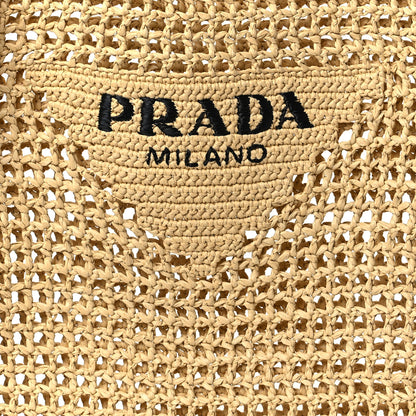 Prada Yarn Raffia Effect Crochet Logo Embroidered Tote Bag Naturale 7 of 9