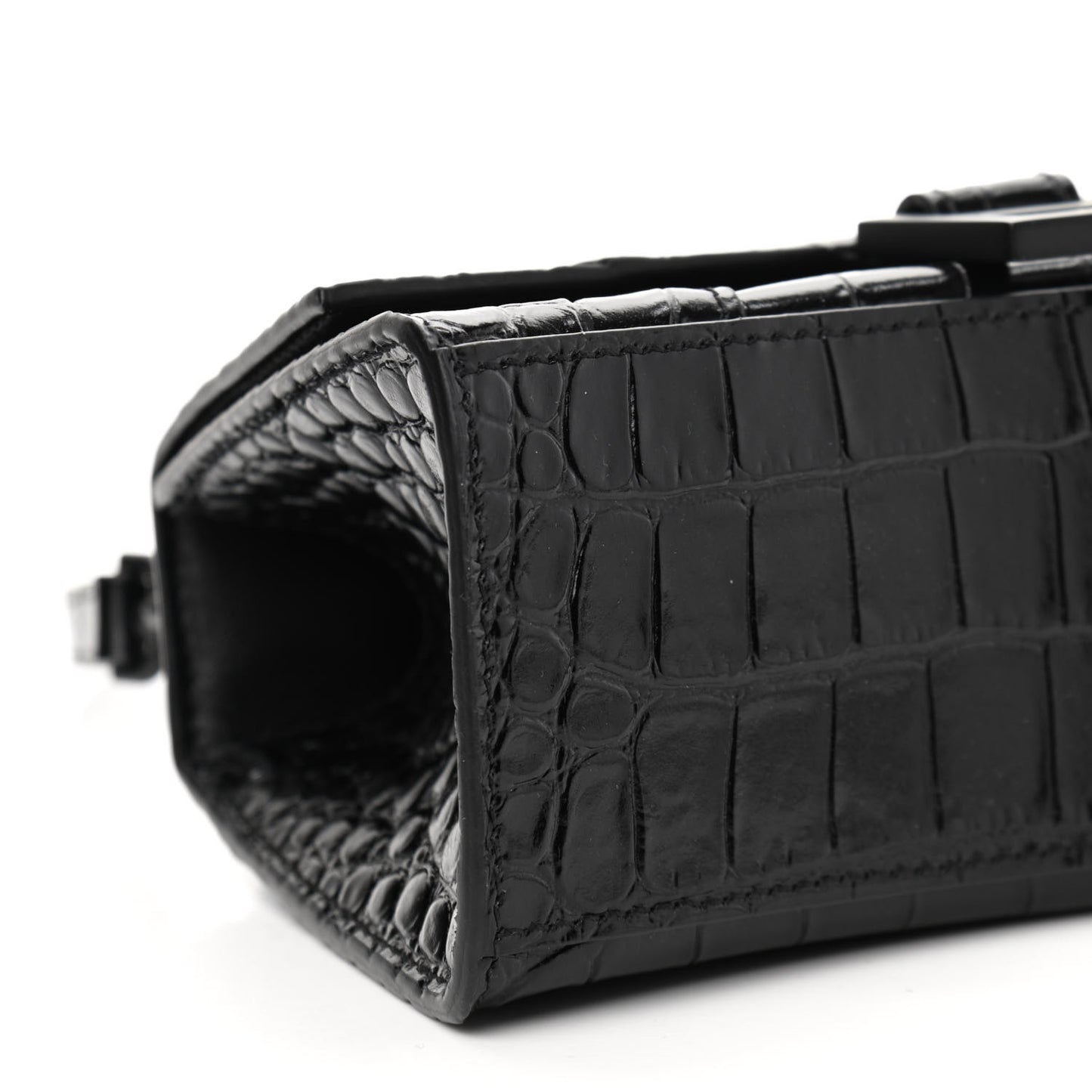 Shiny Calfskin Monochrome Crocodile Embossed Hourglass Top Handle Bag XS Black