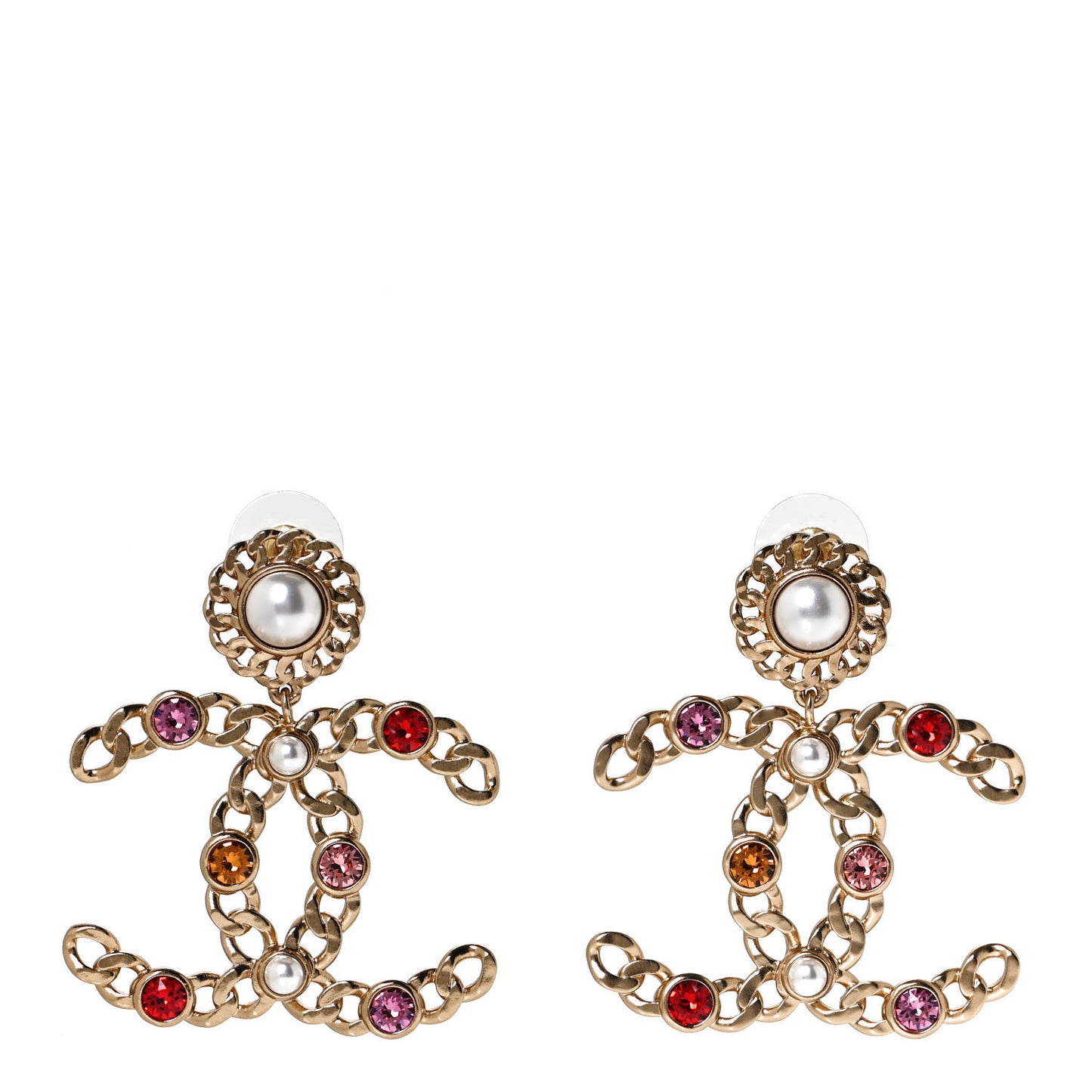 Pearl Crystal Chain Link CC Drop Earrings Gold Red Pink Yellow