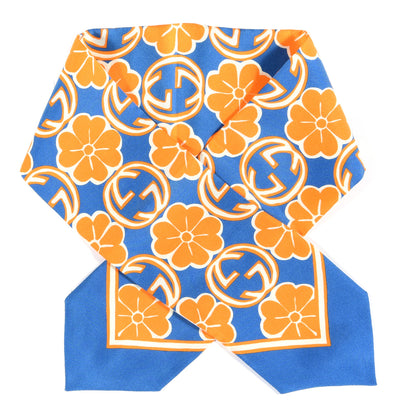Gucci Silk Twill Foily Neck Bow Scarf Sapphire Orange 1 of 4