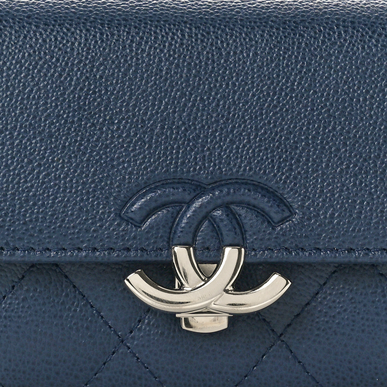 Grained Calfskin Quilted CC Box Compact Flap Wallet Navy Blue