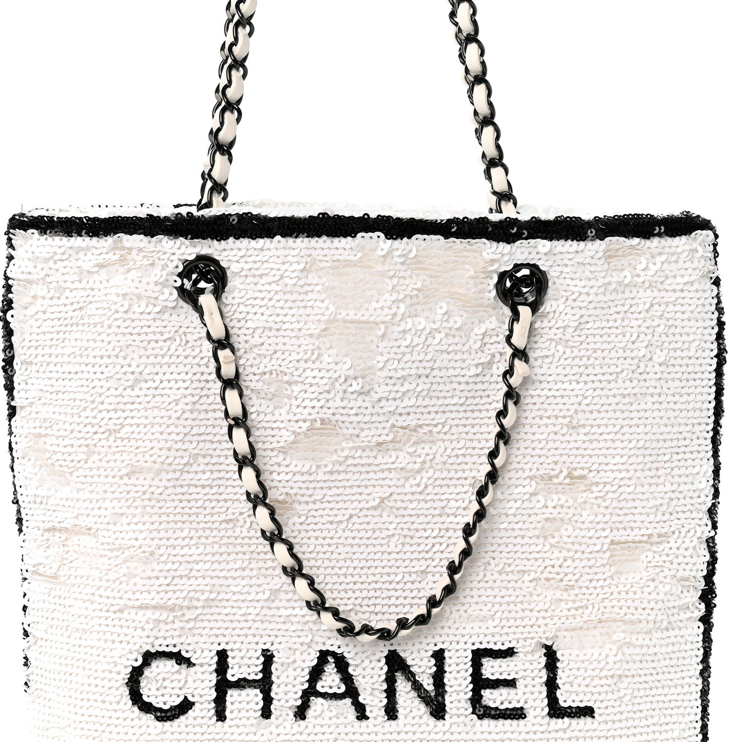 Sequin Logo Shopping Tote White Black