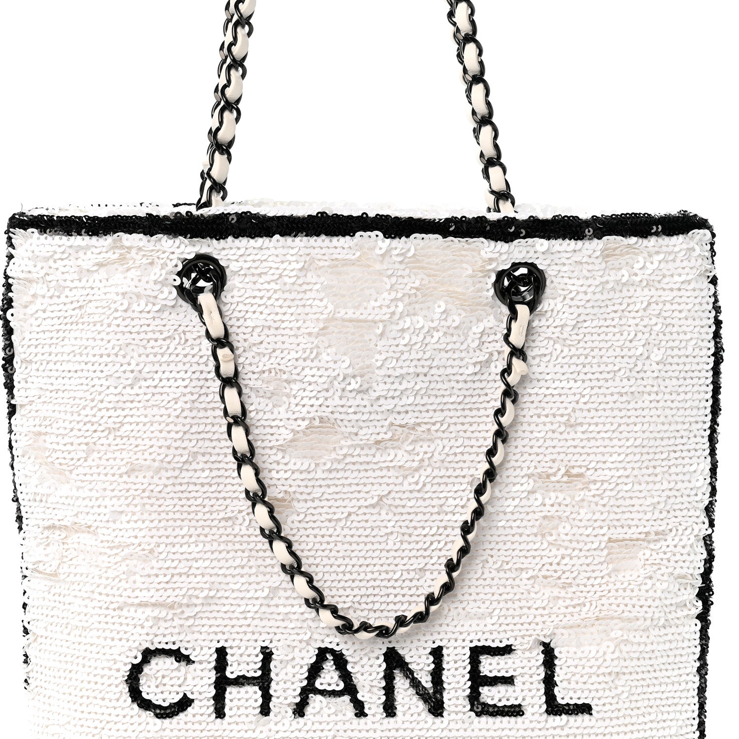 Chanel Sequin Logo Shopping Tote White Black 9 of 11