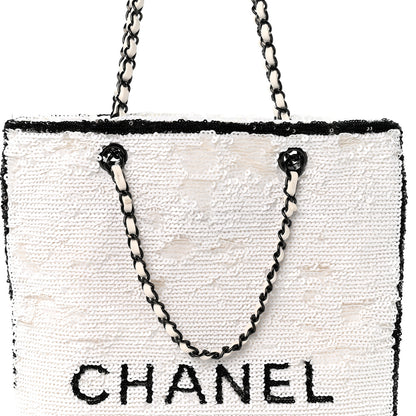 Chanel Sequin Logo Shopping Tote White Black 9 of 11