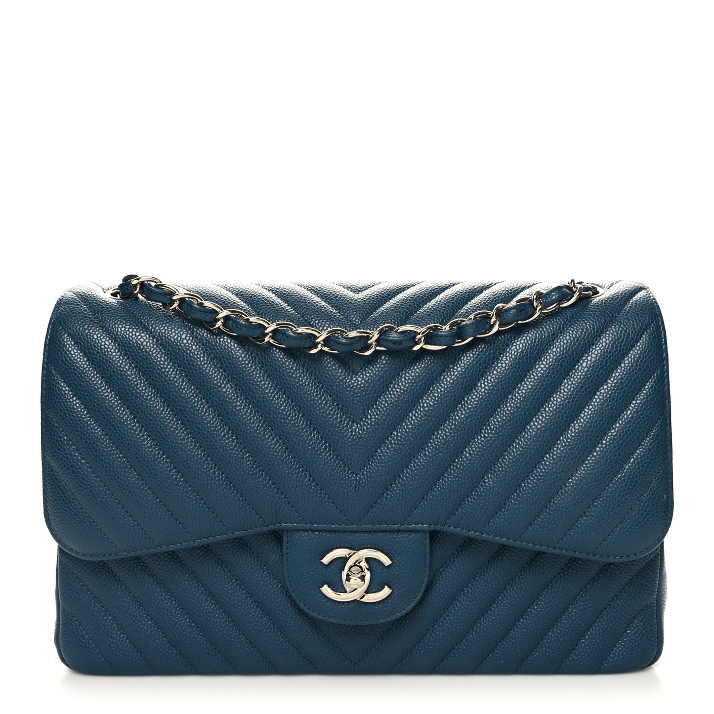 Caviar Chevron Quilted Jumbo Double Flap Blue