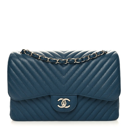 Chanel Caviar Chevron Quilted Jumbo Double Flap Blue 1 of 11