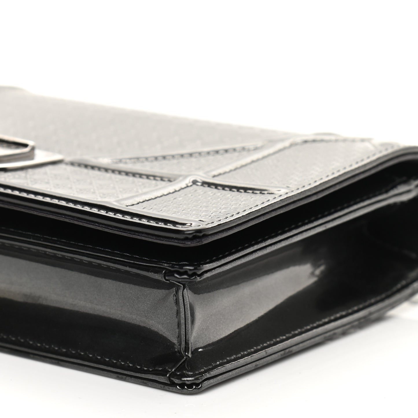 Metallic Patent Micro-Cannage Diorama Wallet on Chain Pouch Onyx Black