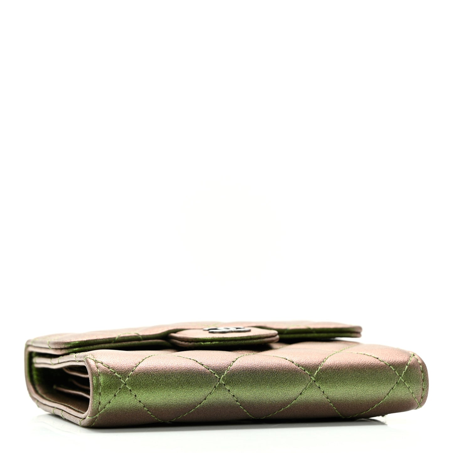 Iridescent Lambskin Quilted Small Compact Wallet Green