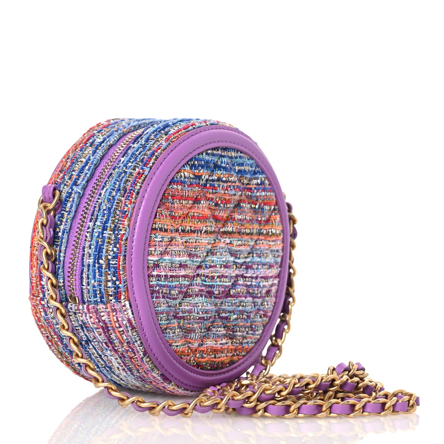 Tweed Quilted Round Filigree Clutch With Chain Purple Multicolor