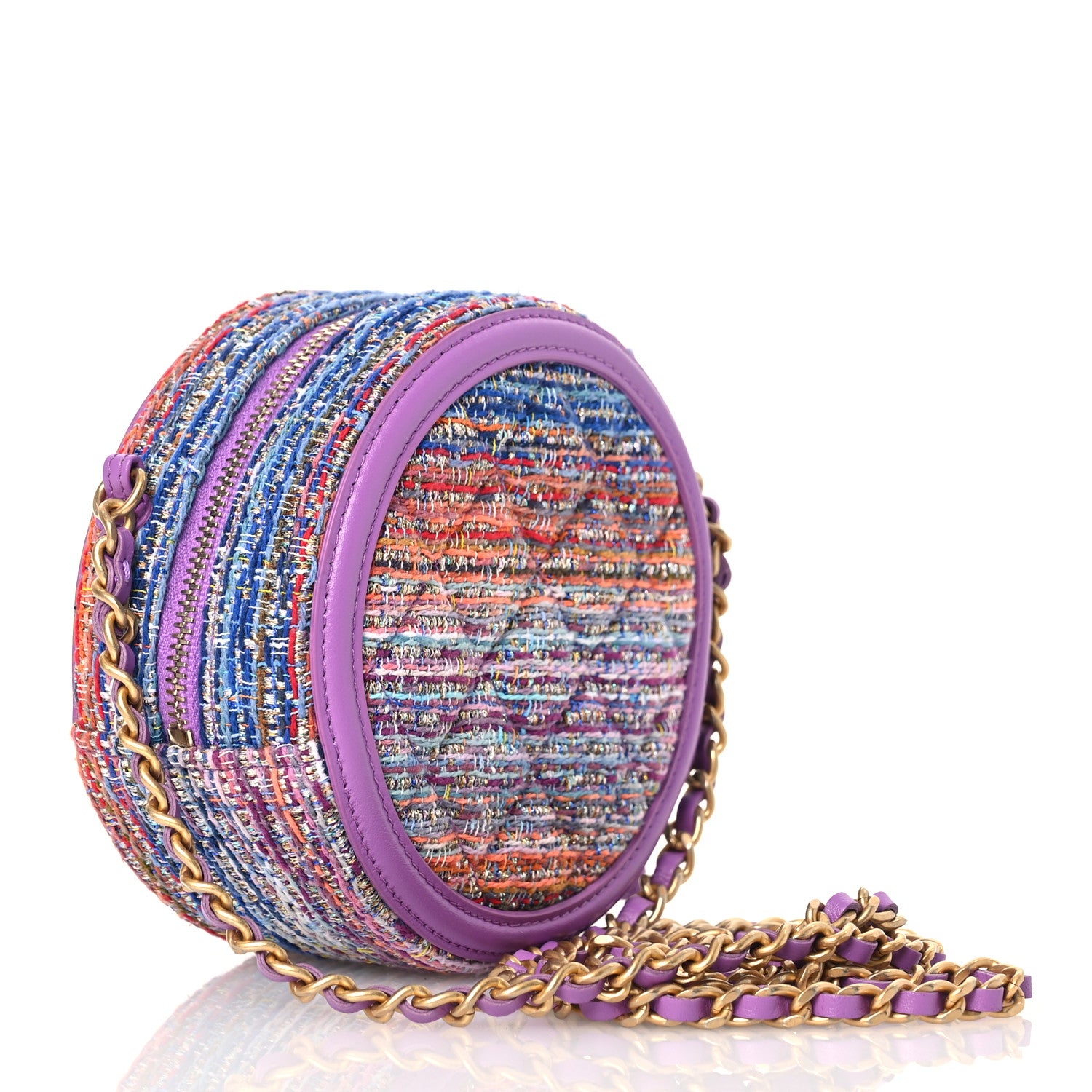Chanel Tweed Quilted Round Filigree Clutch With Chain Purple Multicolor 3 of 10