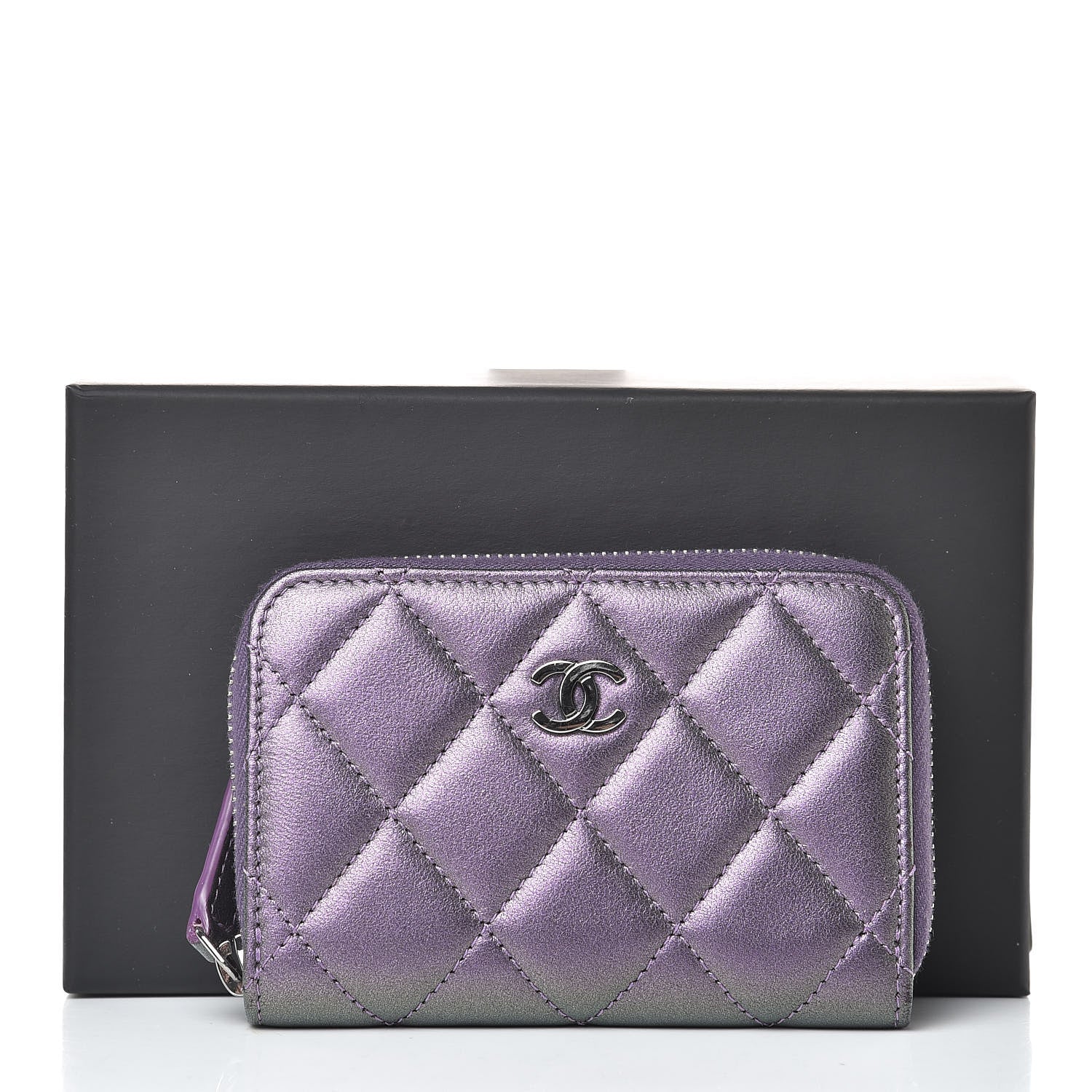 Chanel Metallic Lambskin Quilted Zip Around Coin Purse Wallet Purple 8 of 8