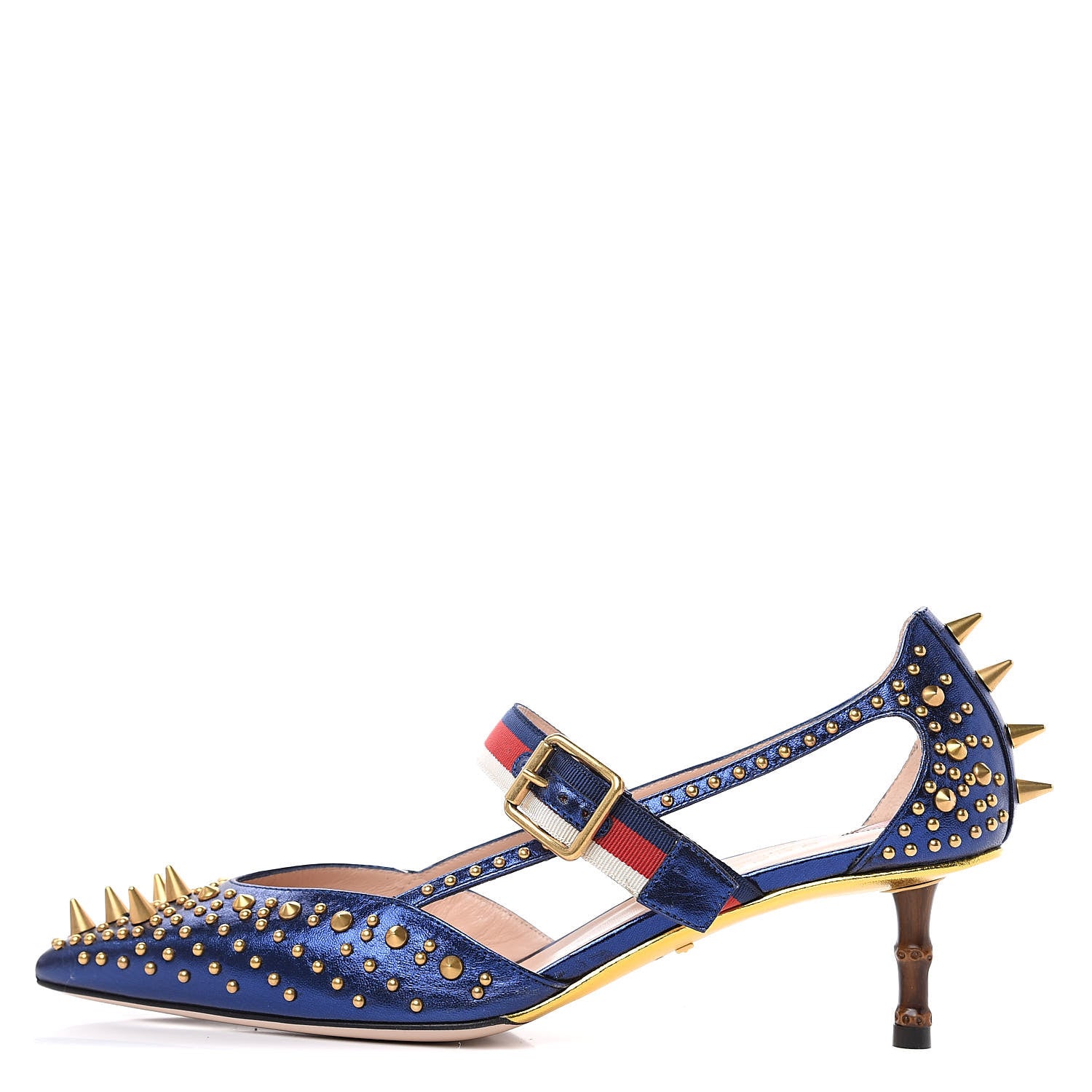 Gucci Metallic Nappa Silk Grosgrain Studded Sylvie Web Bamboo Low Heel Pumps 39 Sapphire 1 of 10
