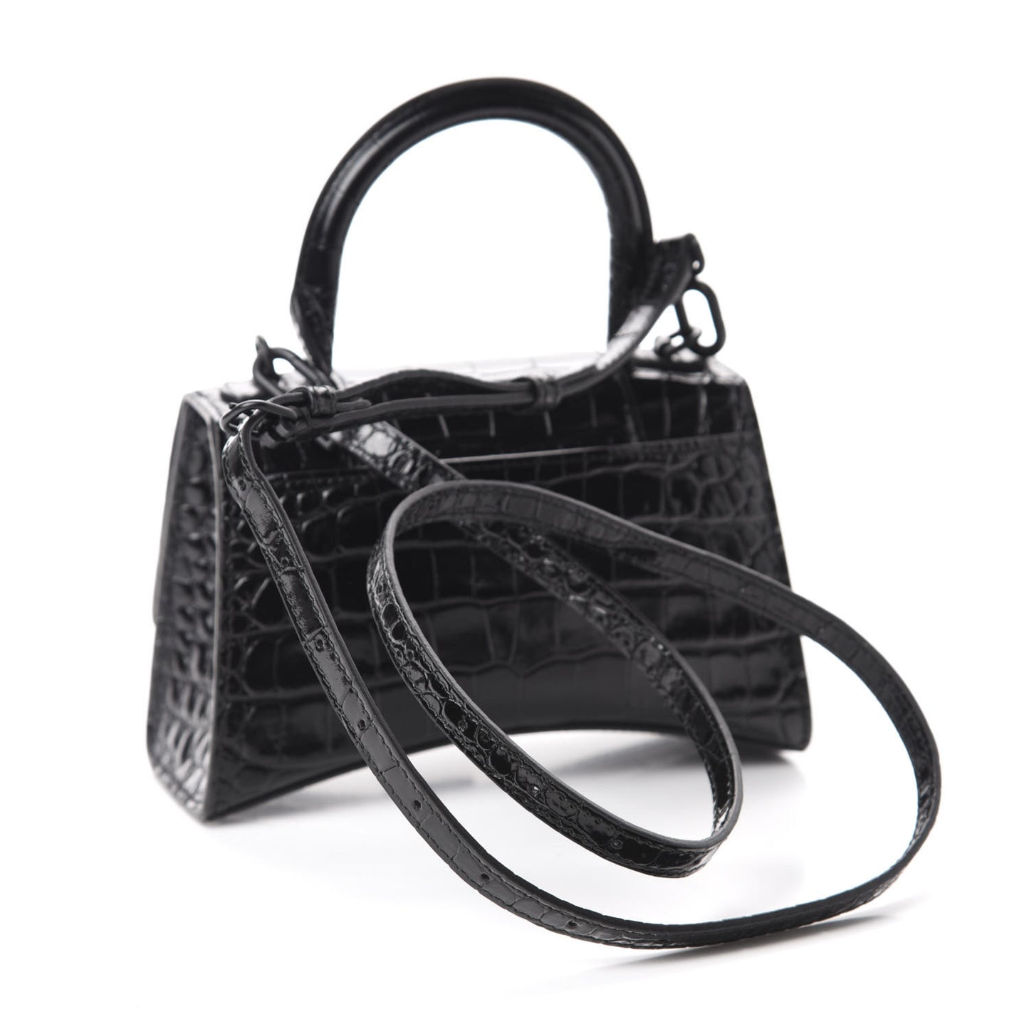 Shiny Calfskin Monochrome Crocodile Embossed Hourglass Top Handle Bag XS Black