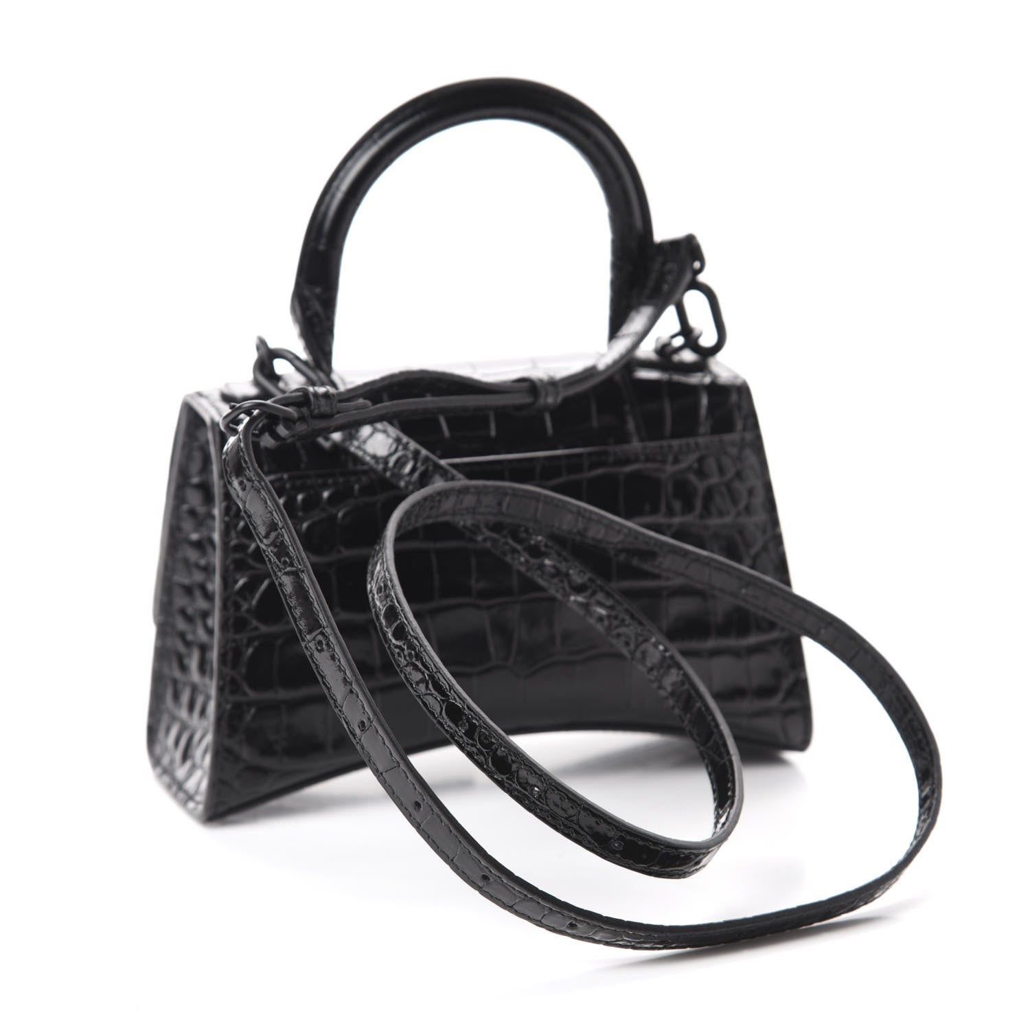 Balenciaga Shiny Calfskin Monochrome Crocodile Embossed Hourglass Top Handle Bag XS Black 3 of 9