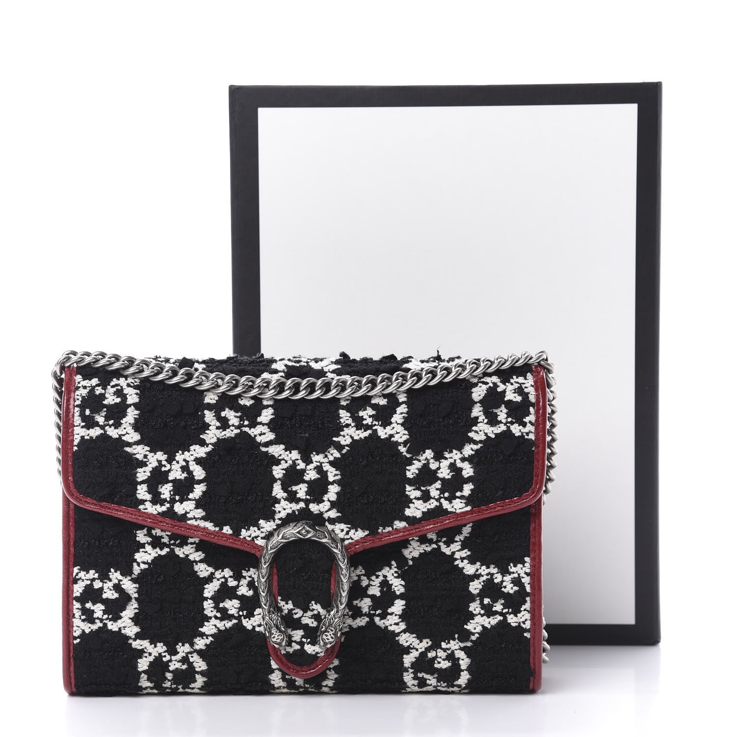 Gucci Tweed GG Monogram Mini Dionysus Chain Wallet Black White Romantic Cherry 11 of 11