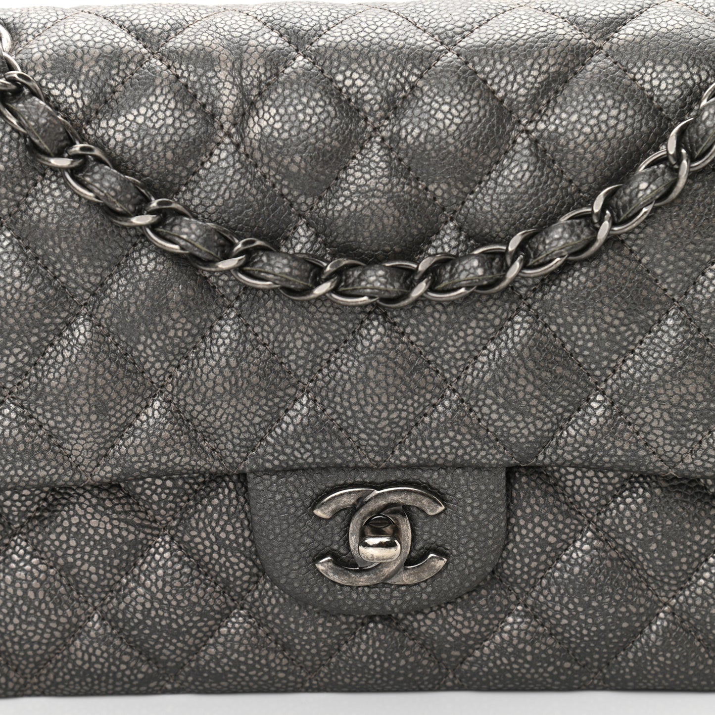 Metallic Caviar Quilted Medium Double Flap Dark Grey