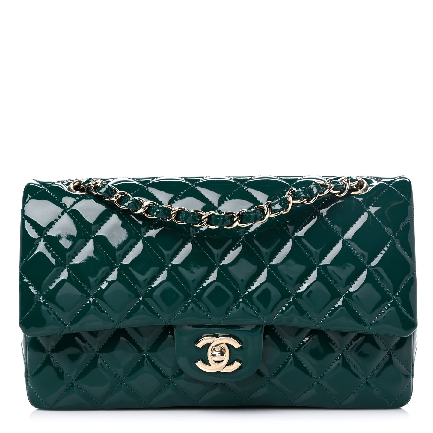 Patent Calfskin Quilted Medium Double Flap Green