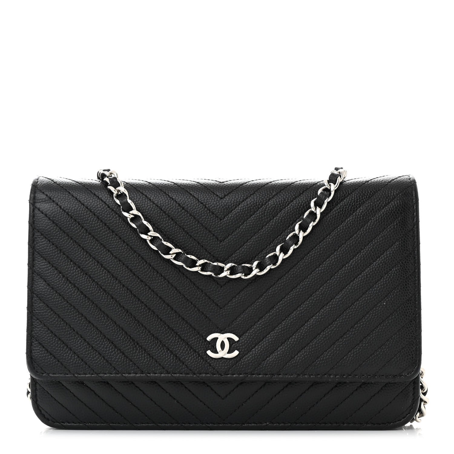 Chanel Caviar Chevron Quilted Wallet On Chain WOC Black 1 of 12