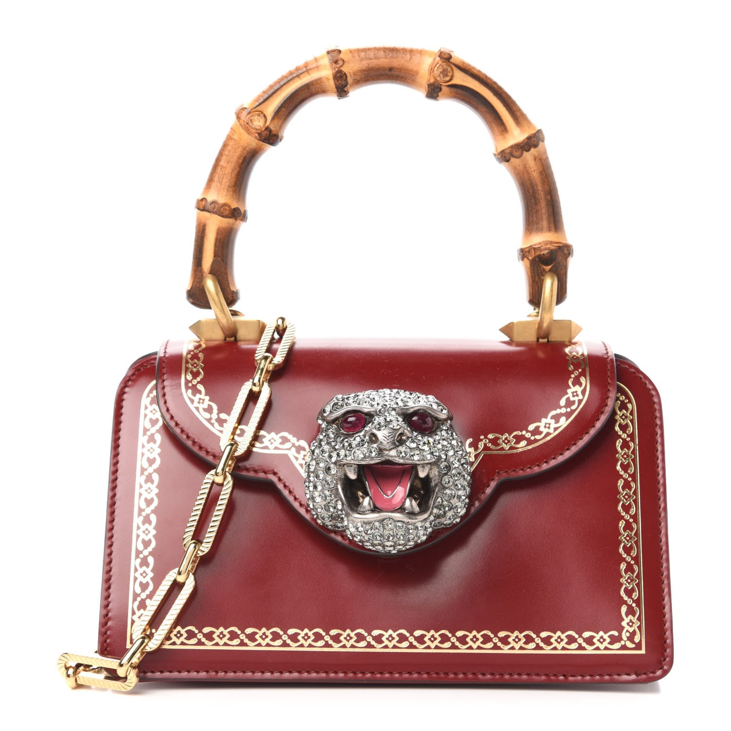 Gucci Calfskin Lisse Cornice Crystal Mini Thiara Top Handle Bag Cerise Red Gold Multicolor 1 of 10