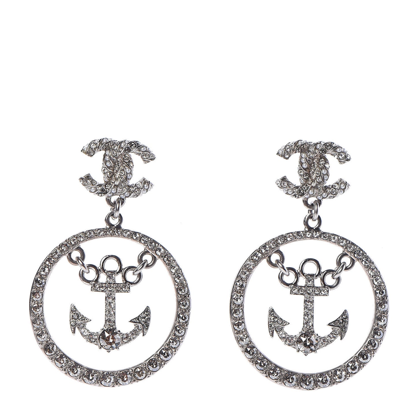 Crystal Pearl CC Anchor Drop Earrings Silver