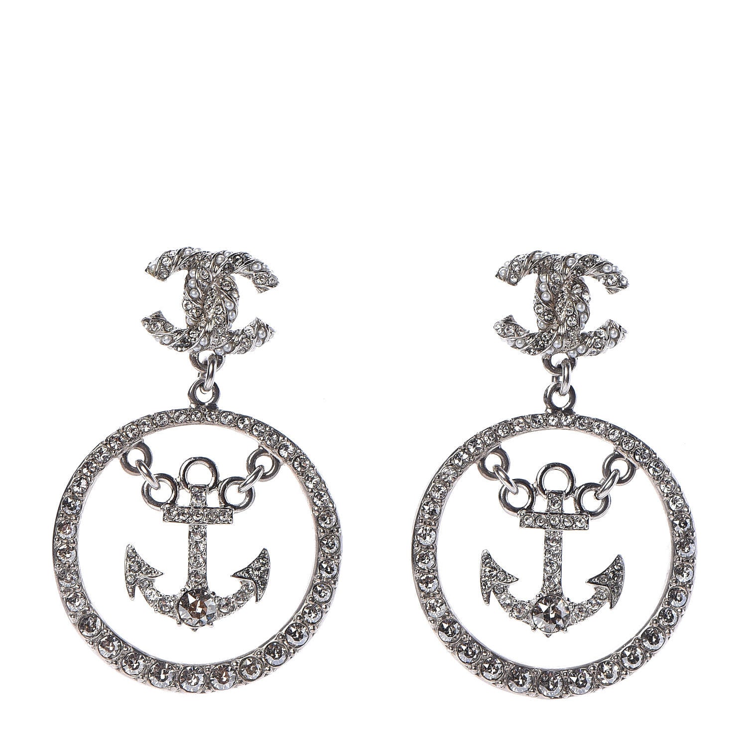 Chanel Crystal Pearl CC Anchor Drop Earrings Silver 1 of 5