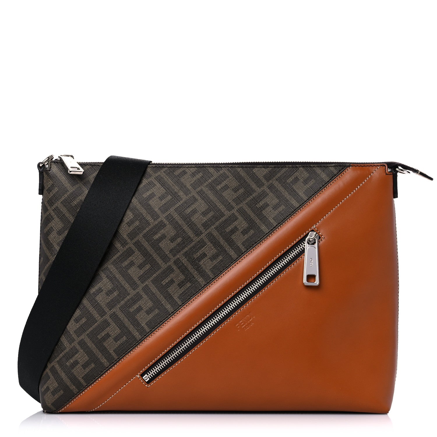 Fendi Glazed Fabric Vitello King FF 1974 Diagonal Medium East West Messenger Tobacco Moro Cuoio 1 of 10