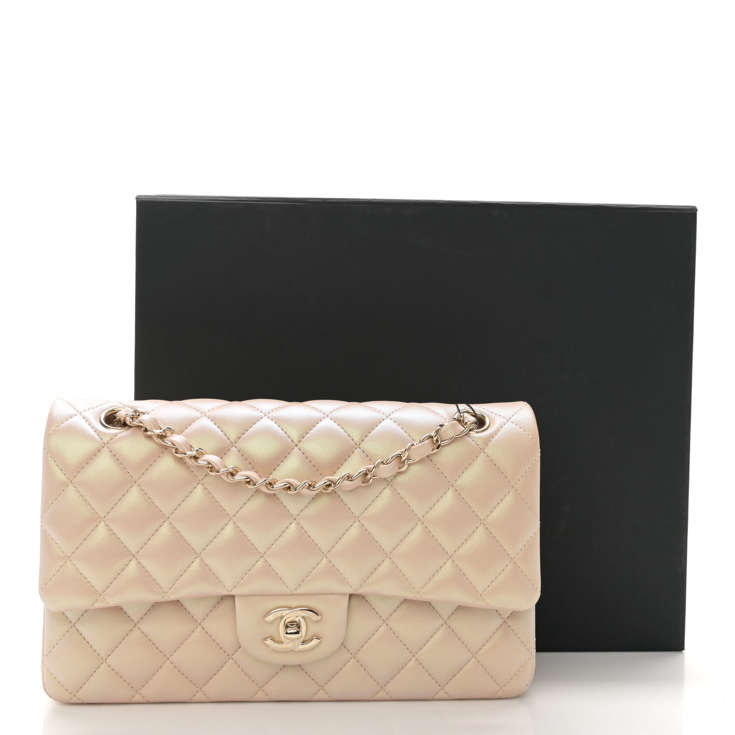 Iridescent Calfskin Quilted Medium Double Flap Beige