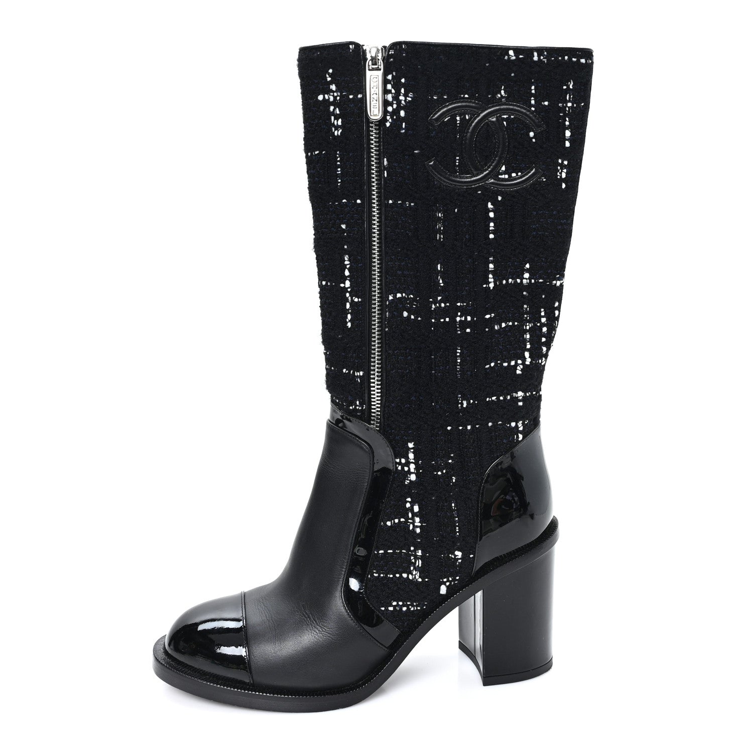 CHANEL 110周年 アーカイブ 2004-05AW 招待状＆プライスリスト Chanel Tweed Calfskin Patent Cap Toe CC High Boots 37.5 Black Navy