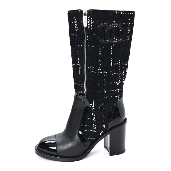 Chanel Tweed Calfskin Patent Cap Toe CC High Boots 37.5 Black Navy