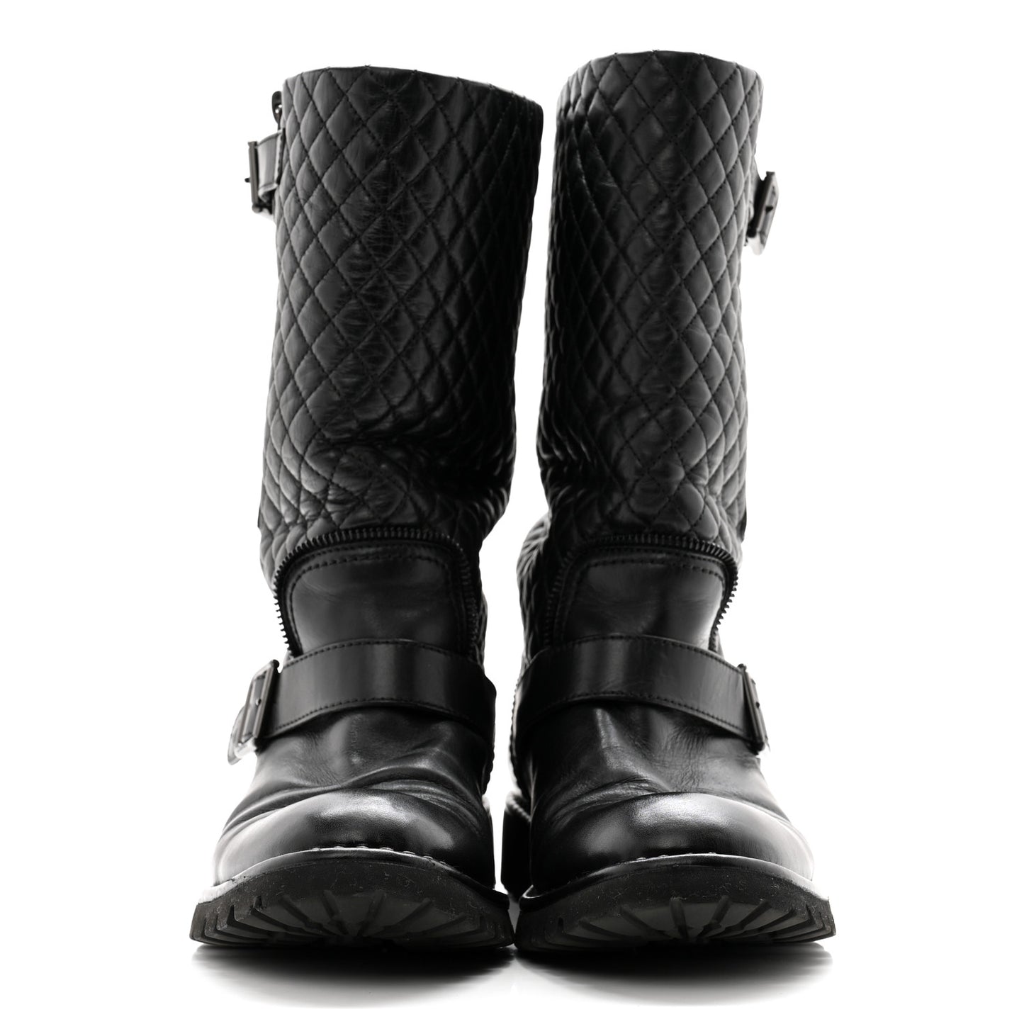 Calfskin Quilted Biker Boots 40 Black