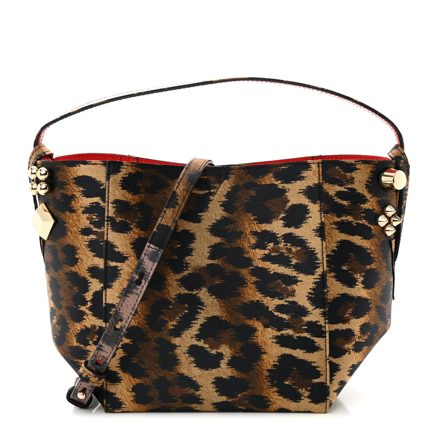 Crepe Satin Leopard Print Empire Spike Studded Mini Cabachic Bucket Bag Brown