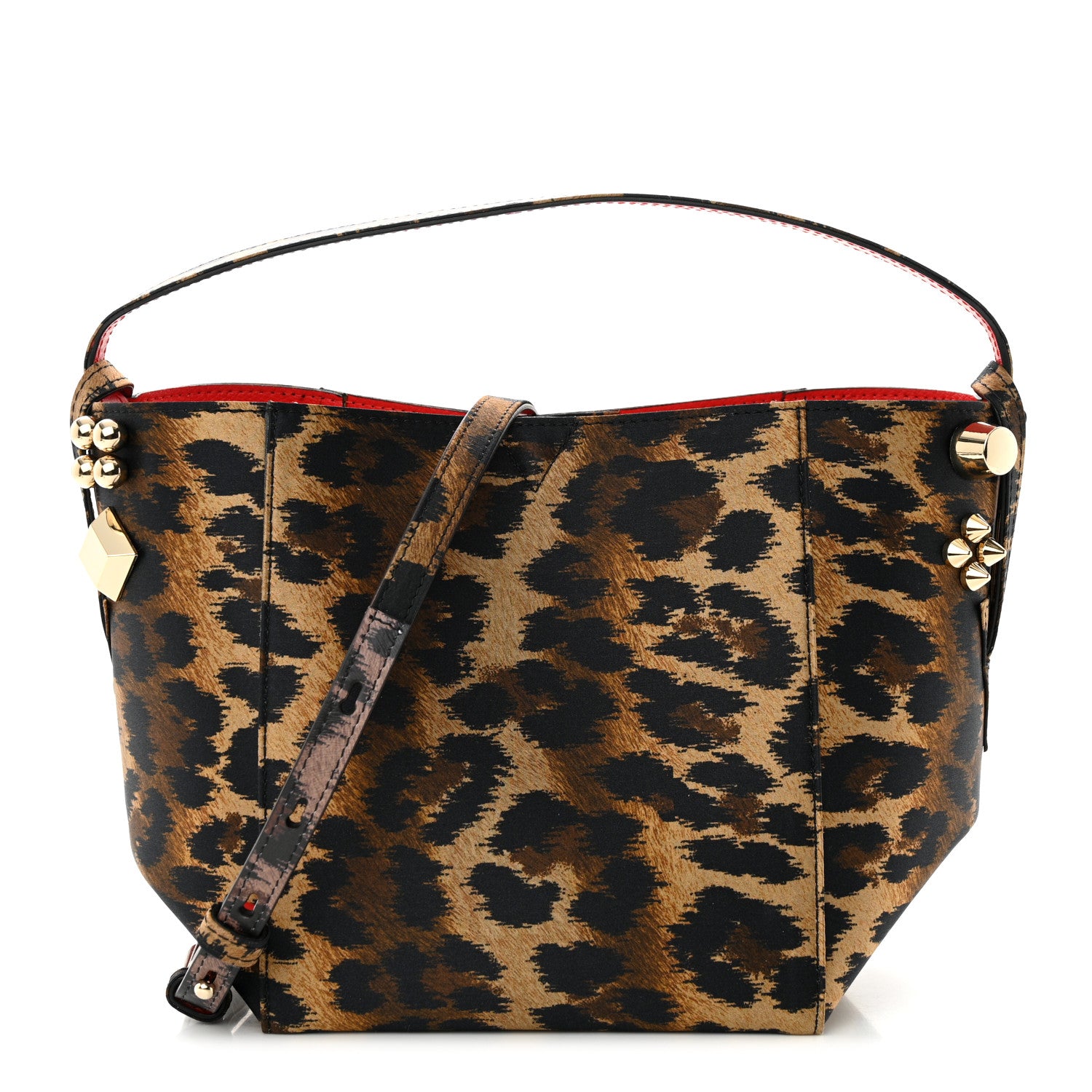 Christian Louboutin Crepe Satin Leopard Print Empire Spike Studded Mini Cabachic Bucket Bag Brown 1 of 10