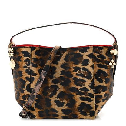 Christian Louboutin Crepe Satin Leopard Print Empire Spike Studded Mini Cabachic Bucket Bag Brown 1 of 10