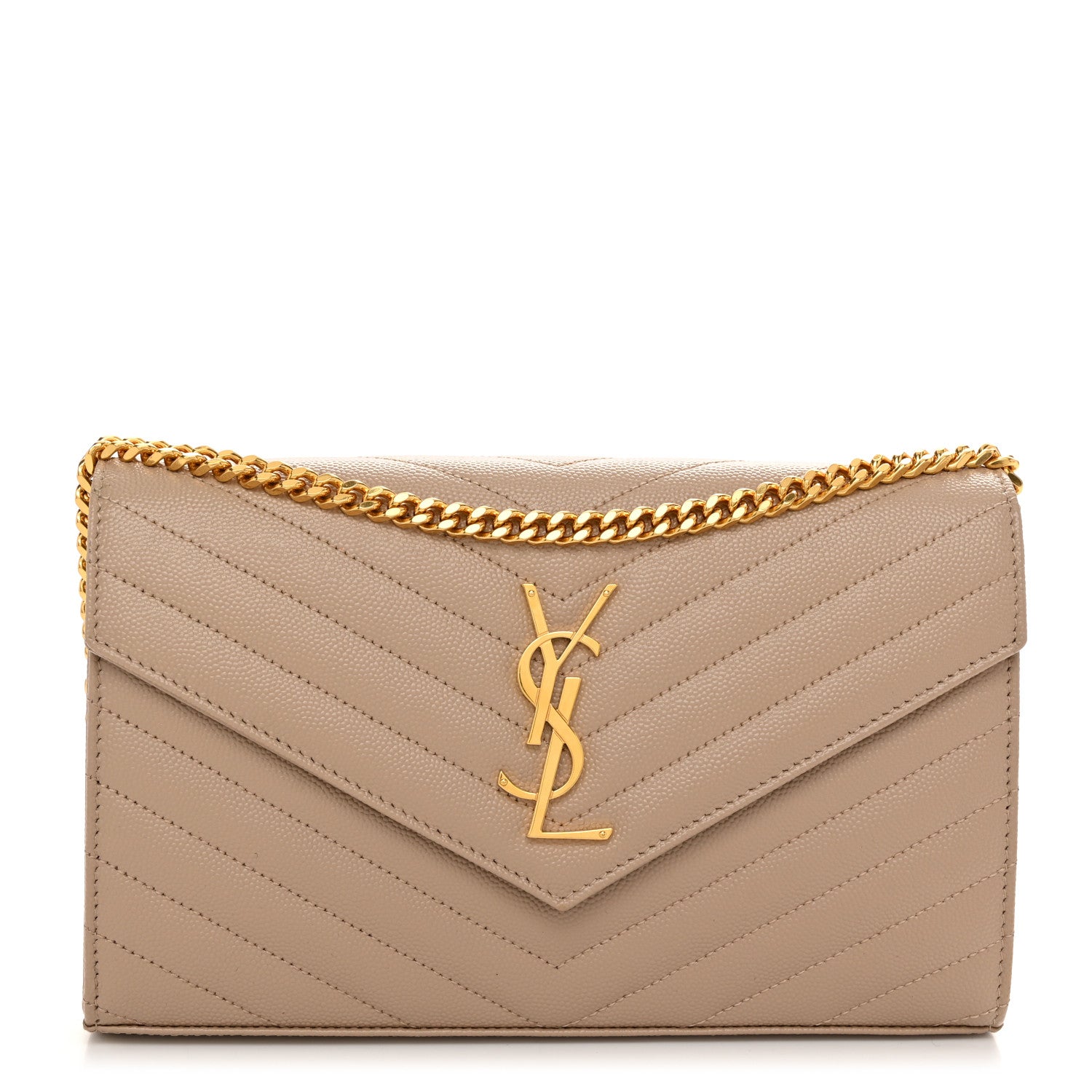Saint Laurent Grain De Poudre Matelasse Chevron Monogram Chain Wallet Dark Beige 1 of 11