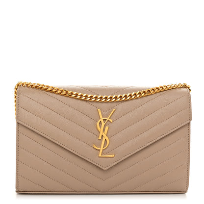 Saint Laurent Grain De Poudre Matelasse Chevron Monogram Chain Wallet Dark Beige 1 of 11