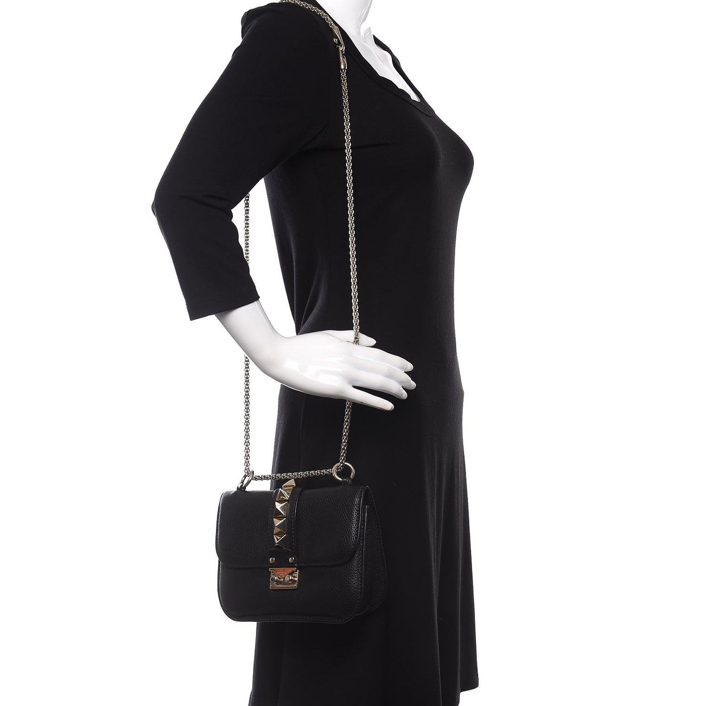 Grained Calfskin Small Glam Lock Rockstud Flap Black