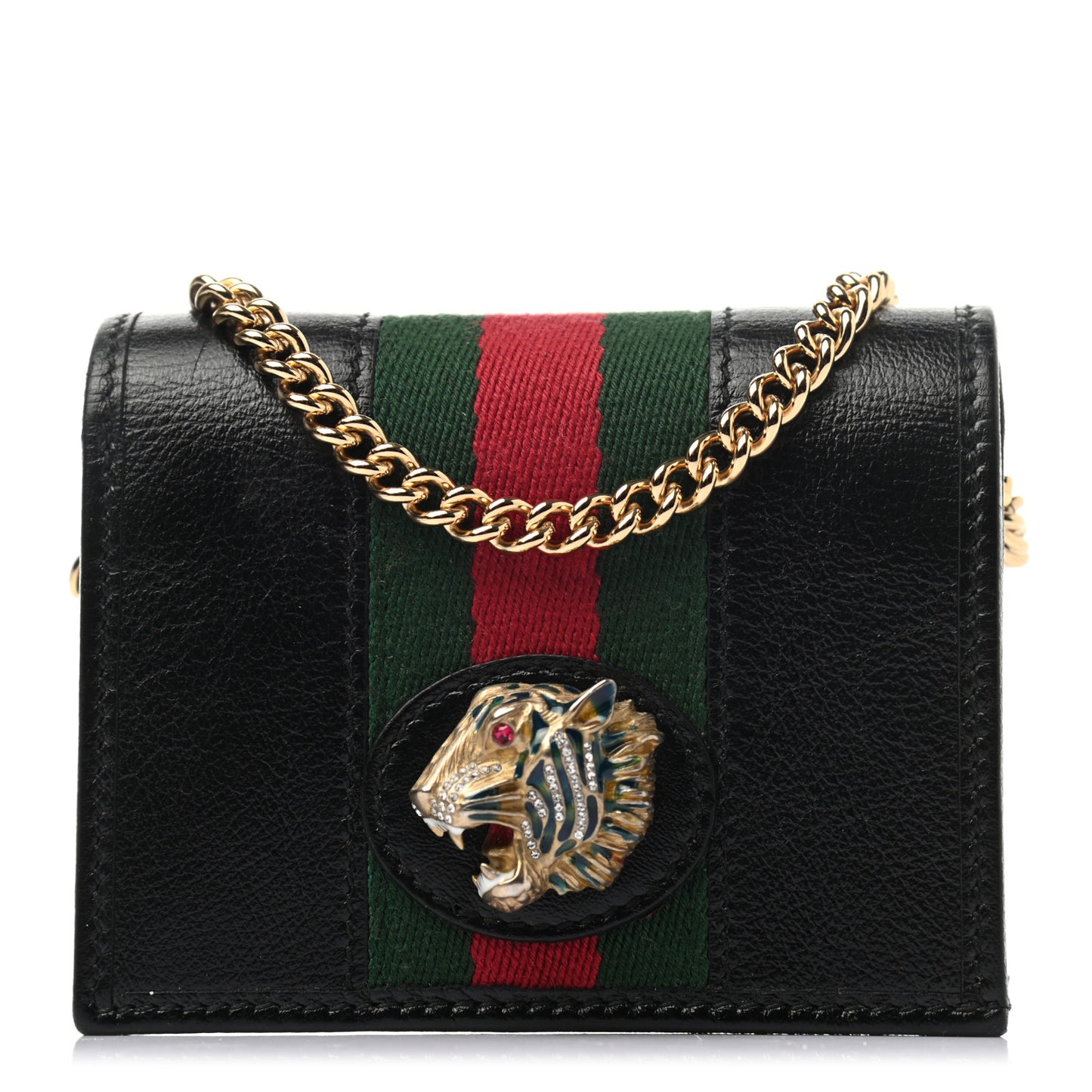 Calfskin Web Rajah Chain Card Case Wallet Black
