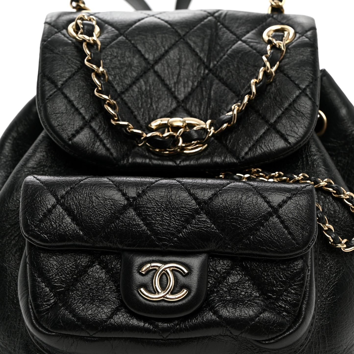 Glazed Aged Calfskin Quilted Small Duma Drawstring Backpack Black