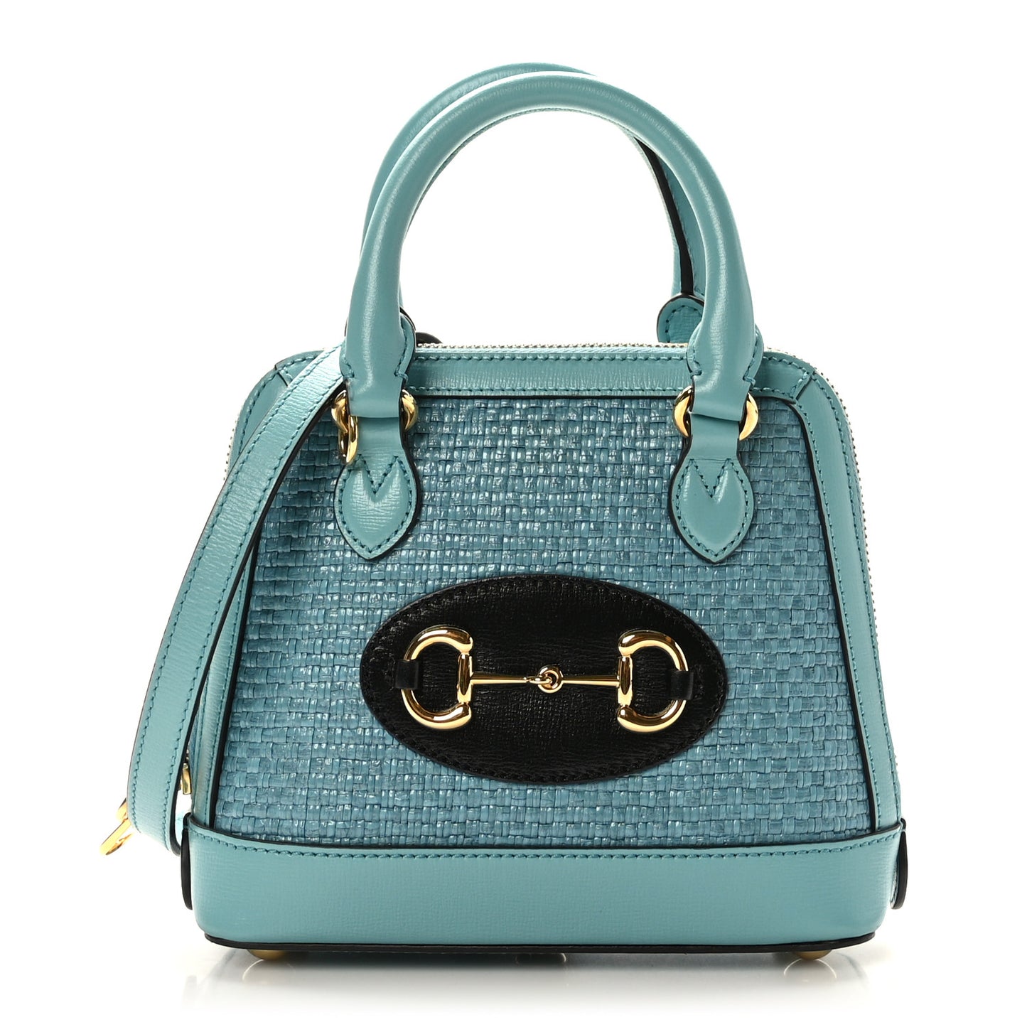 Straw Azalea Calfskin Woven Mini Horsebit 1955 Top Handle Bag Dusty Azure Black