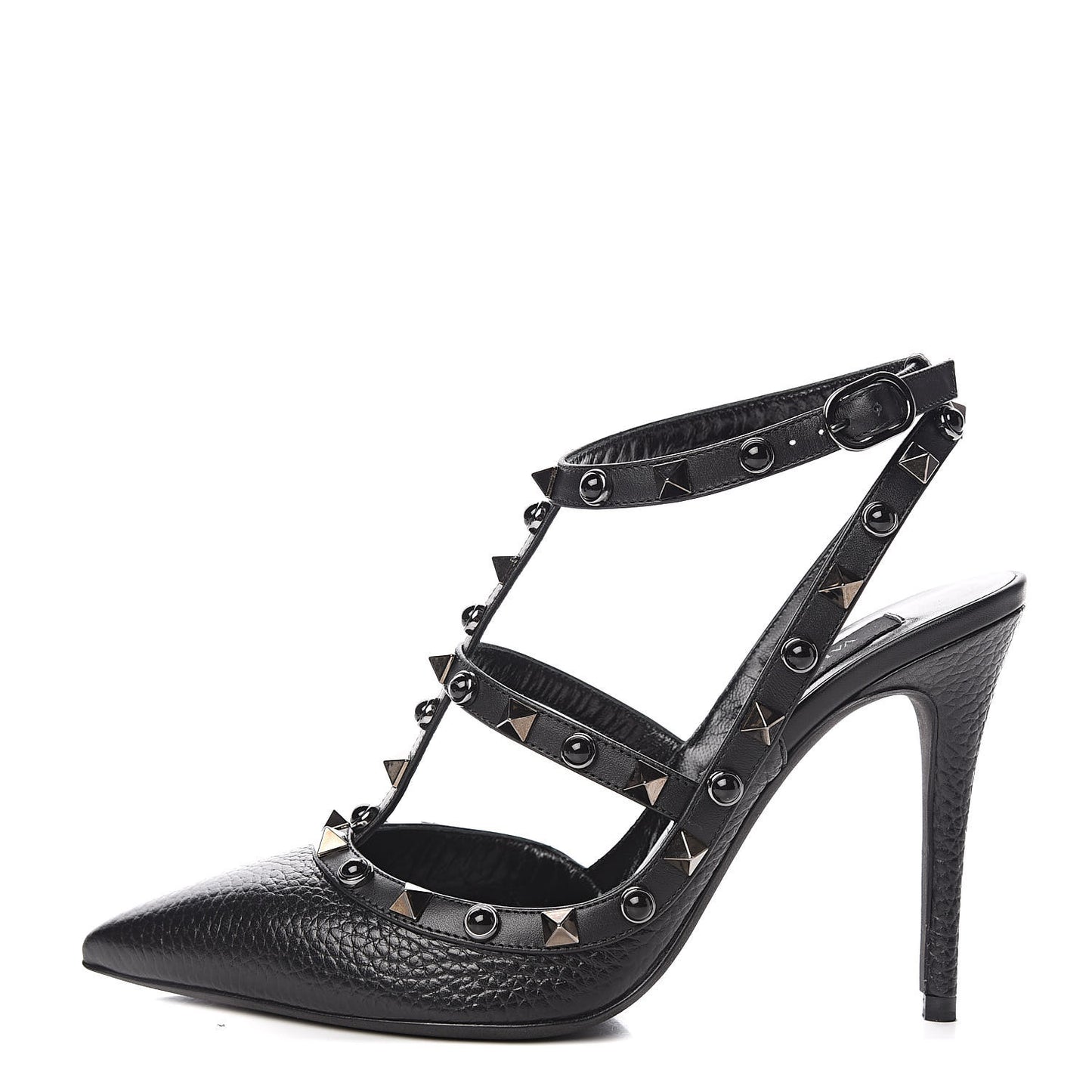 Pebbled Calfskin Onyx Rockstud Rolling Ankle Strap 100mm Pumps 36.5 Black