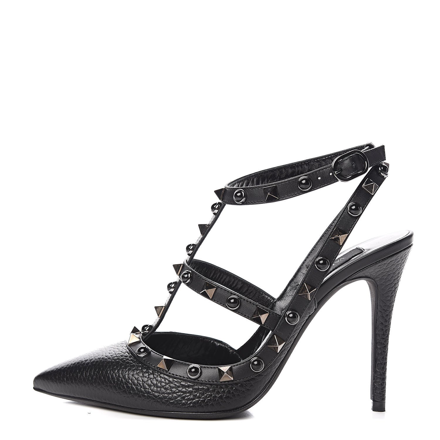 Valentino Garavani Pebbled Calfskin Onyx Rockstud Rolling Ankle Strap 100mm Pumps 36.5 Black 1 of 9