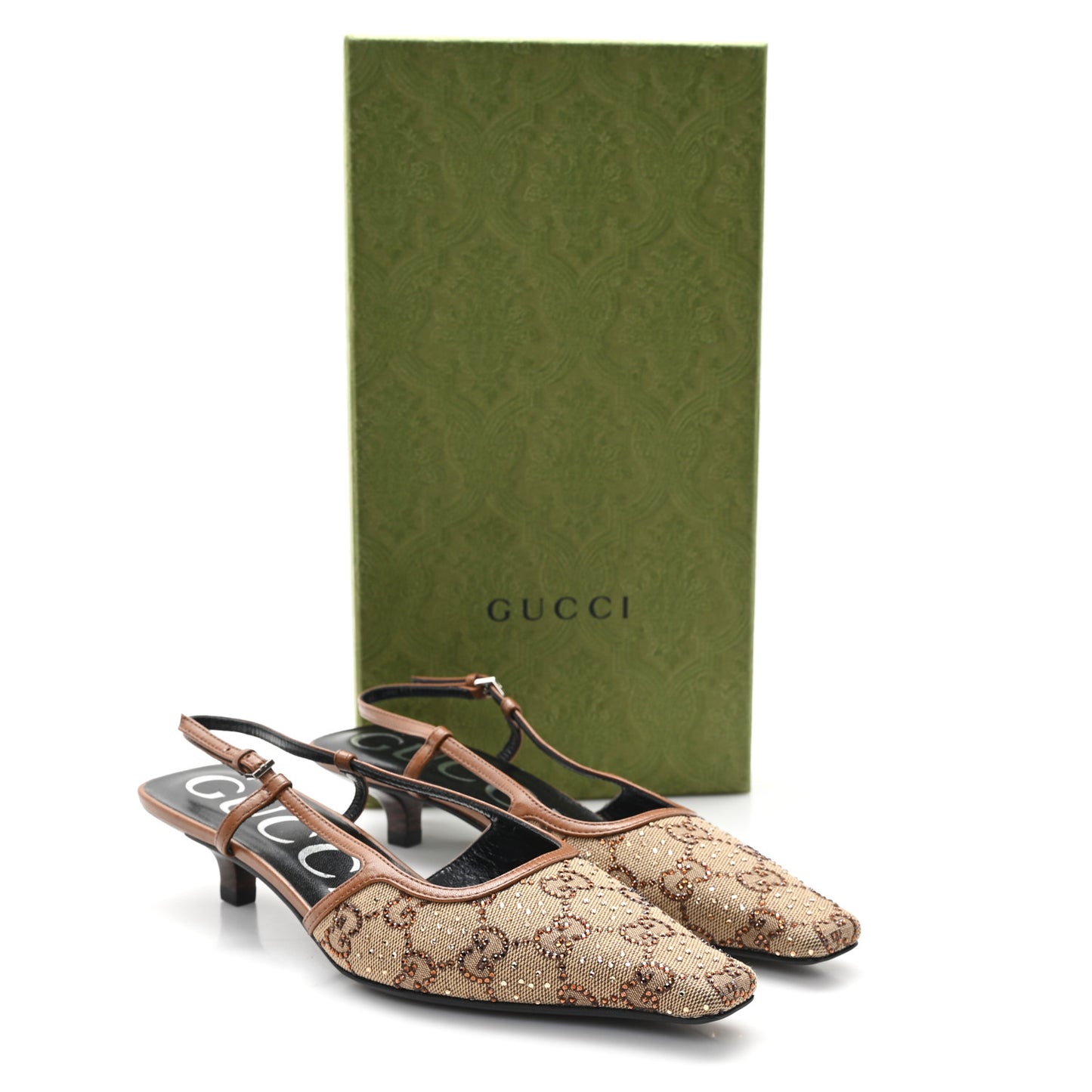 GG Monogram Malaga Kid Crystal Square G 35mm Slingback Pumps 36 Camel Ebony Cuir