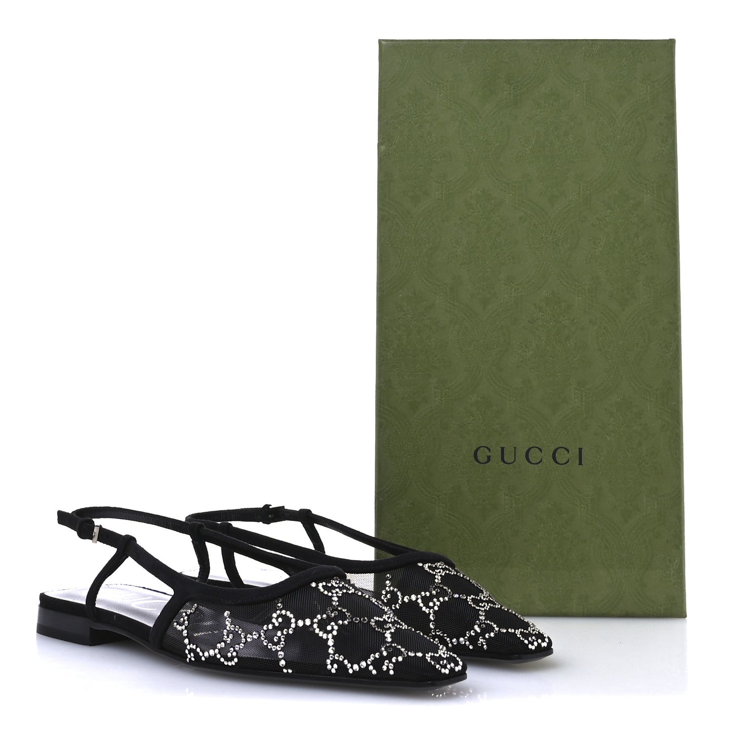 Tela Retino Kid Scamosciato Crystal GG Monogram Square Demi Ballet Flats 36 Black