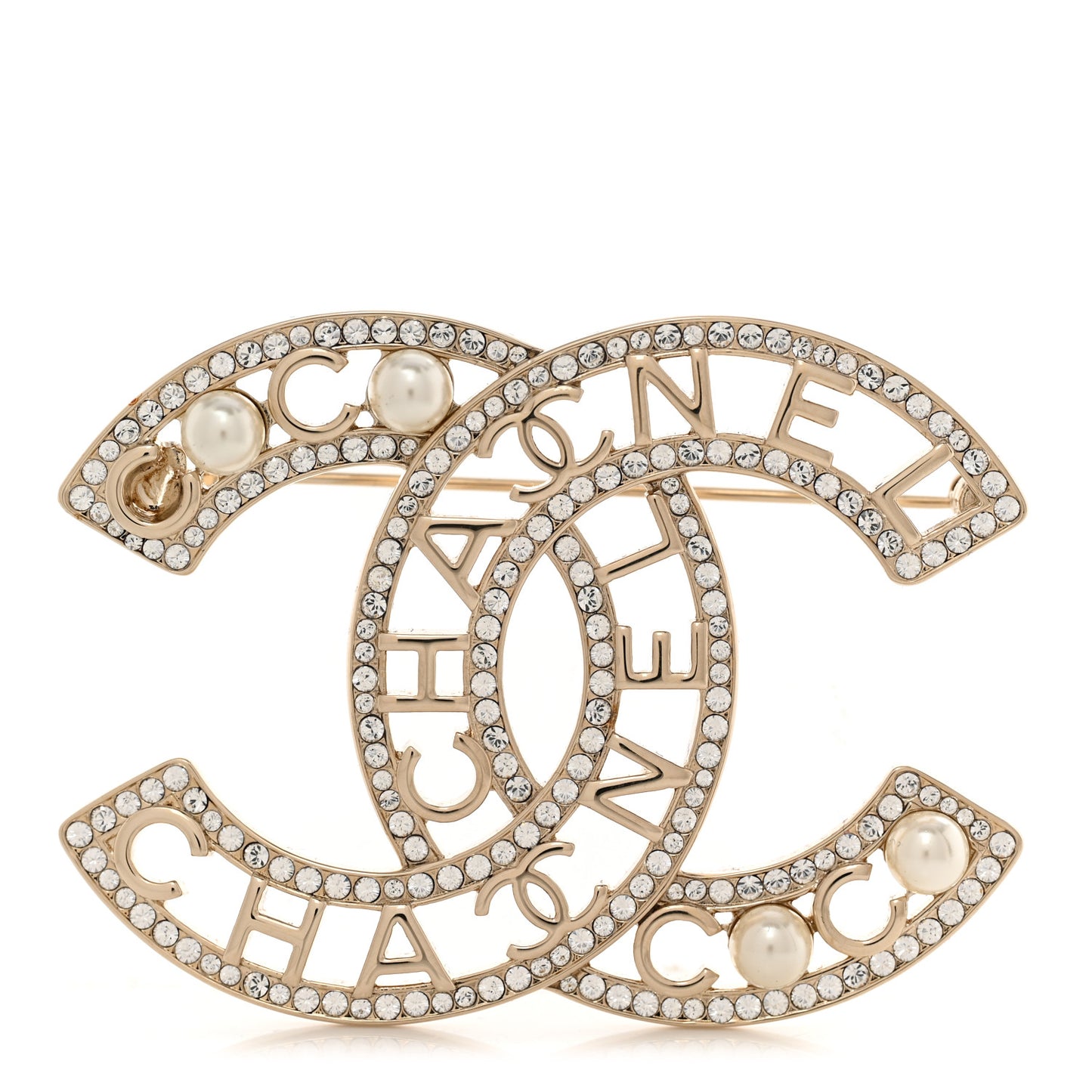 Crystal Pearl Coco CC Logo Brooch Gold