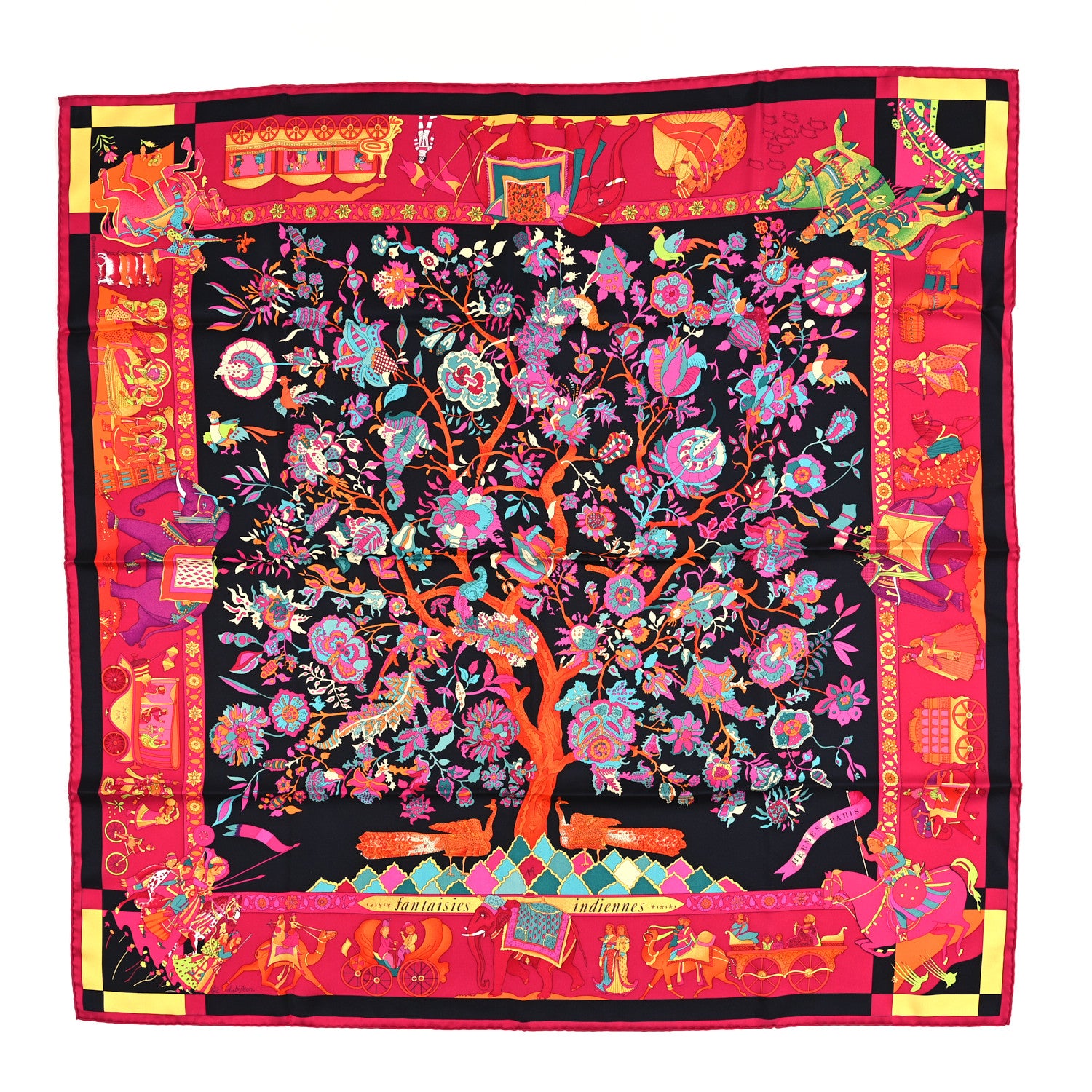 Hermes Silk Fantaisies Indiennes Scarf 90 Framboise Black Canard 1 of 3