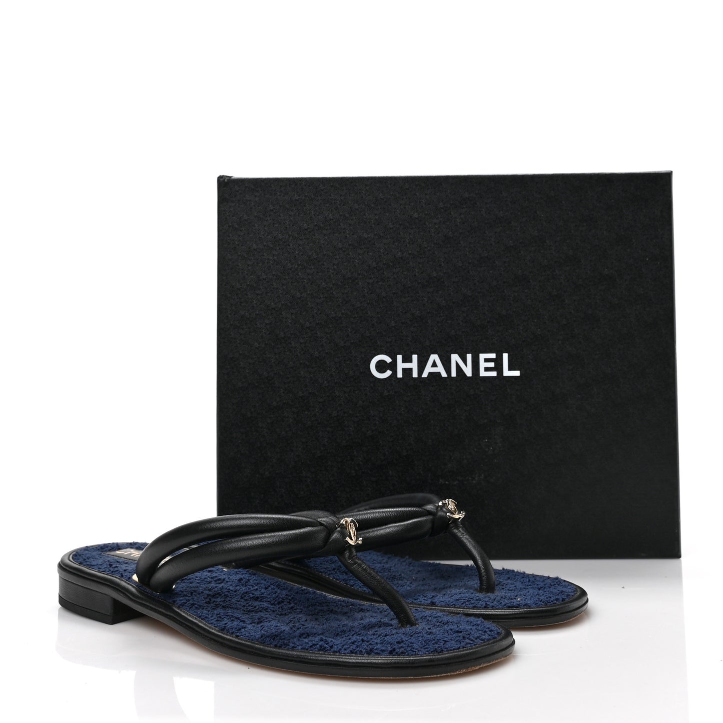 Lambskin Fabric CC Thong Sandals 40.5 Black Dark Navy