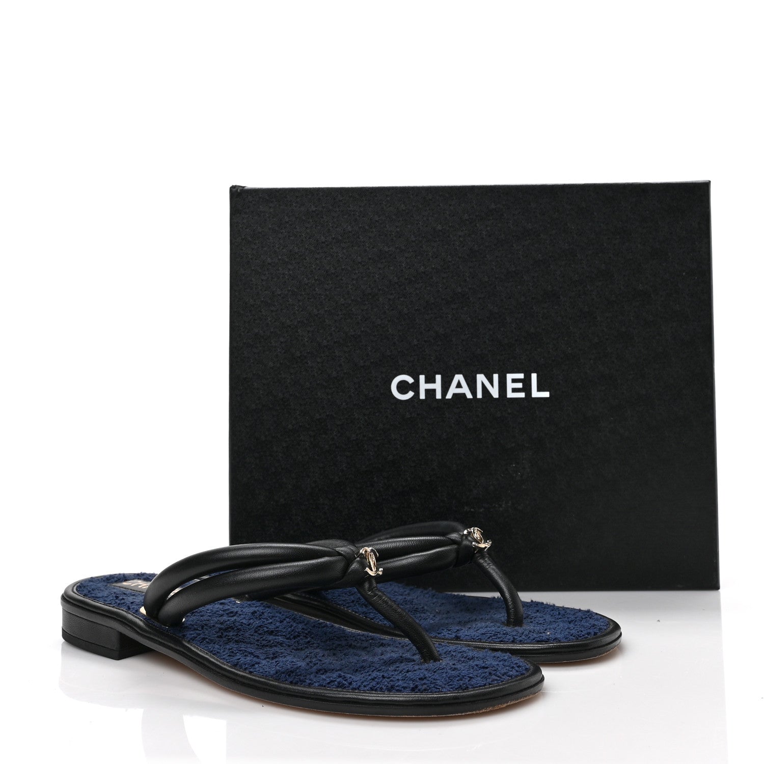Chanel Lambskin Fabric CC Thong Sandals 40.5 Black Dark Navy 8 of 8